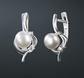 Серебряные серьги с жемчугом фианиты с-230081: белый пресноводный жемчуг, серебро 925° Серебряные серьги с жемчугом фианиты с-230081: белый пресноводный жемчуг, серебро 925°