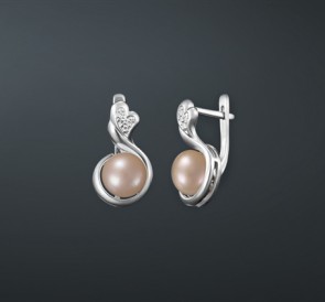 Серебряные серьги с жемчугом фианиты с-230848-р: розовый пресноводный жемчуг, серебро 925° Серебряные серьги с жемчугом фианиты с-230848-р: розовый пресноводный жемчуг, серебро 925°