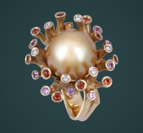 Кольцо с жемчугом бриллианты 2143: золотистый морской жемчуг, золото 585°