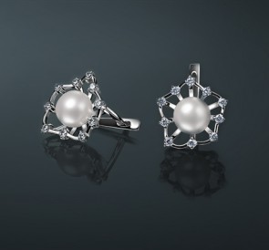 Серебряные серьги с жемчугом фианиты с-2929: белый пресноводный жемчуг, серебро 925° Серебряные серьги с жемчугом фианиты с-2929: белый пресноводный жемчуг, серебро 925°